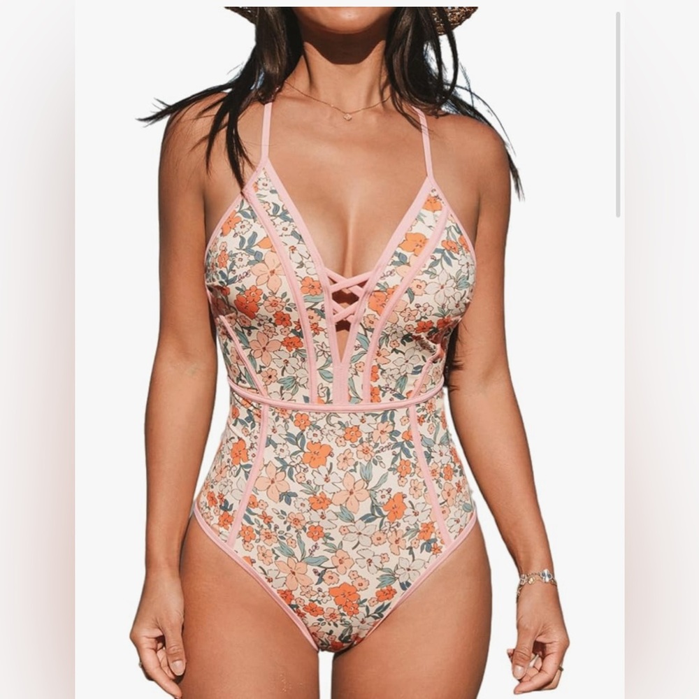 Floral One-Piece Swimsuit with Pink Trim